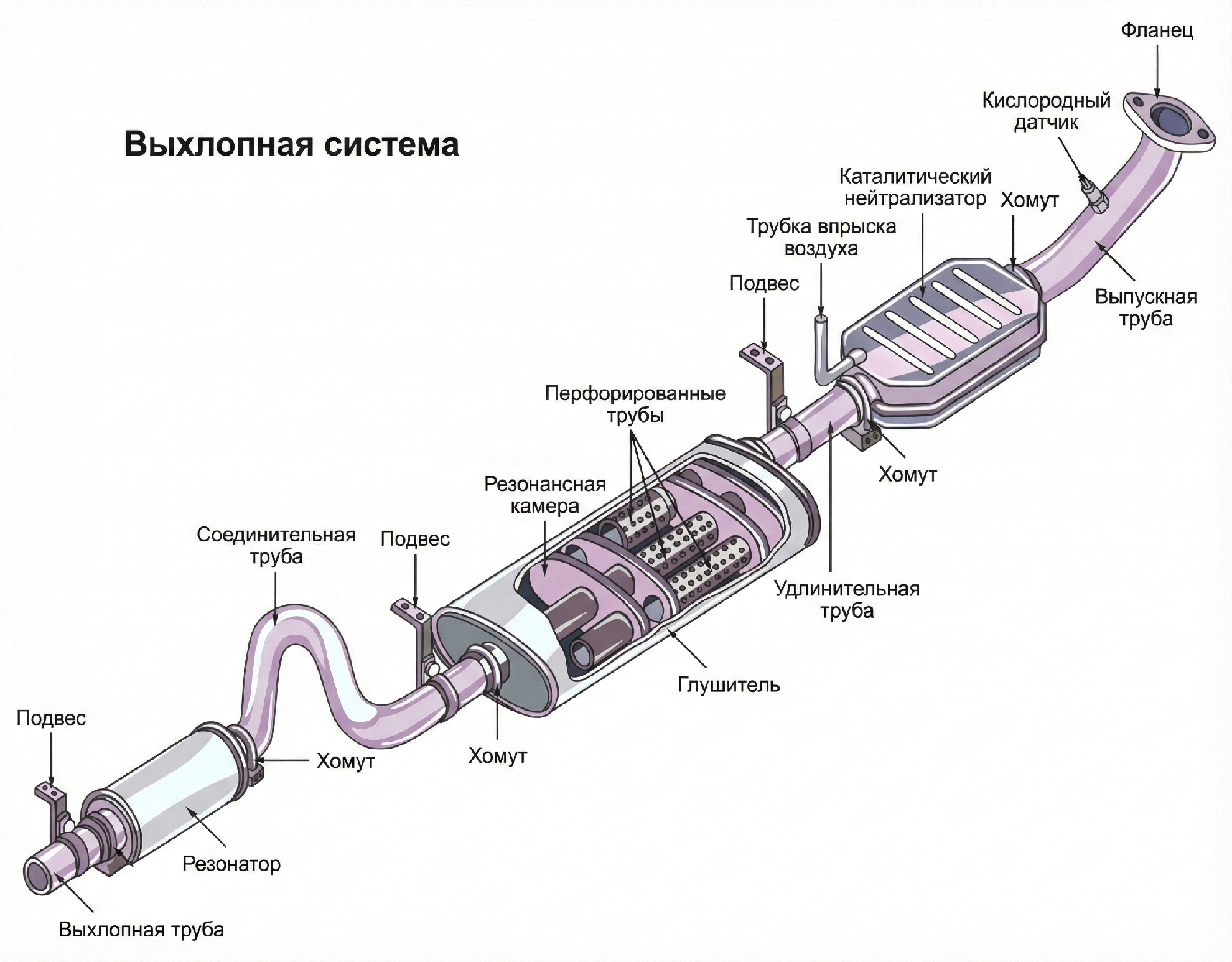 Система SCR — это не один узел, а цепочка элементов, размещённых в разных частях автомобиля: от заливной горловины AdBlue до выхлопной трубы